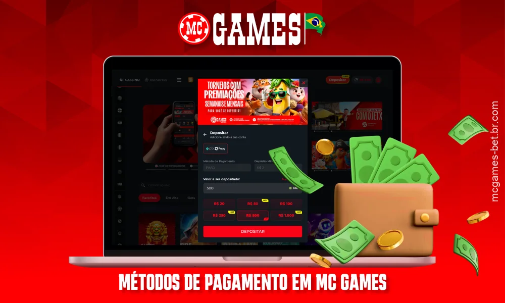 A MC Games permite recarregar instantaneamente a conta e sacar fundos em reais brasileiros através do Pix